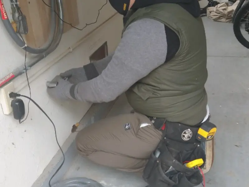 Electrician performing outlet wiring in a Athens garage